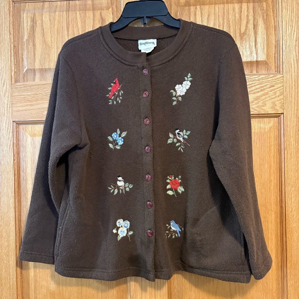 BonWorth Embroidered Brown Birds Floral Cardigan Women’s Petite M PM Sweater